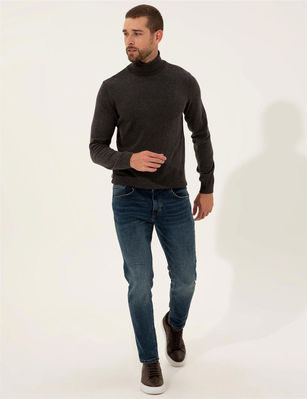 Gri Melanj Slim Fit Bal_k__ Yaka Basic Triko Kazak