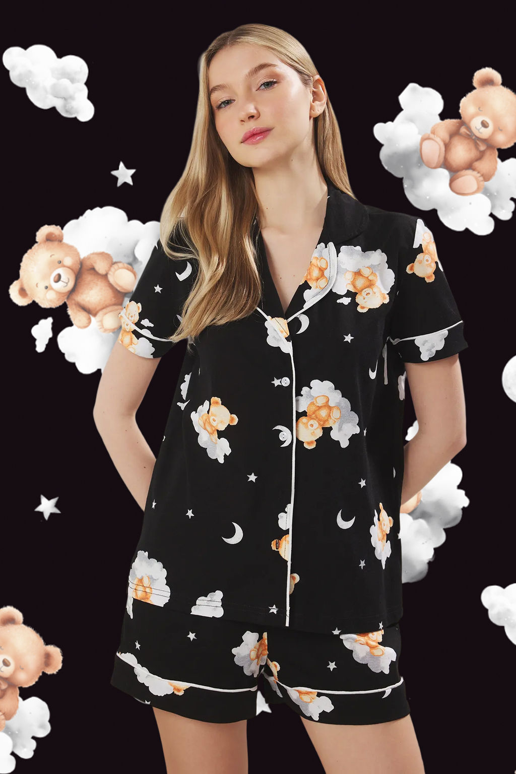 Trendyolmilla Ekru %100 Pamuklu Ay?c?k ve Galaksi Desenli Biyeli Sortlu Orme Pijama Tak?m? THMSS25PT00369 фото 15