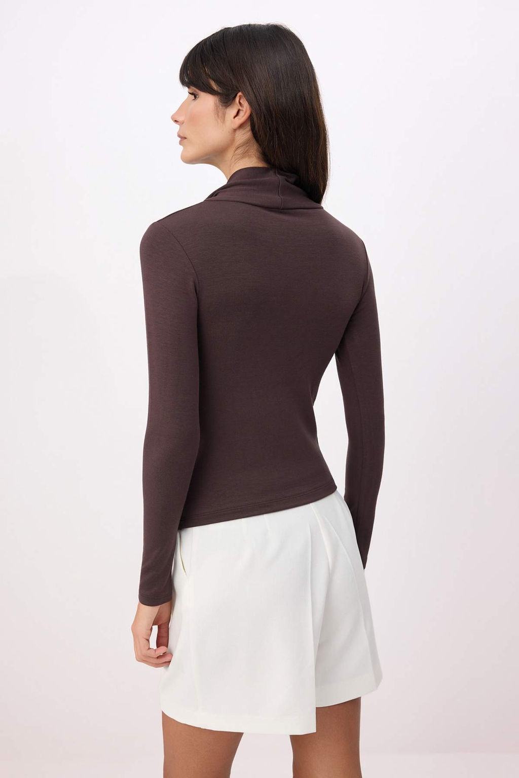 Kahverengi Fitted/Vucuda Oturan Fular Yaka Uzun Kollu Pamuk Ribana Orme Bluz TWOSS26BZ00722 - Trendyolmilla фото 4