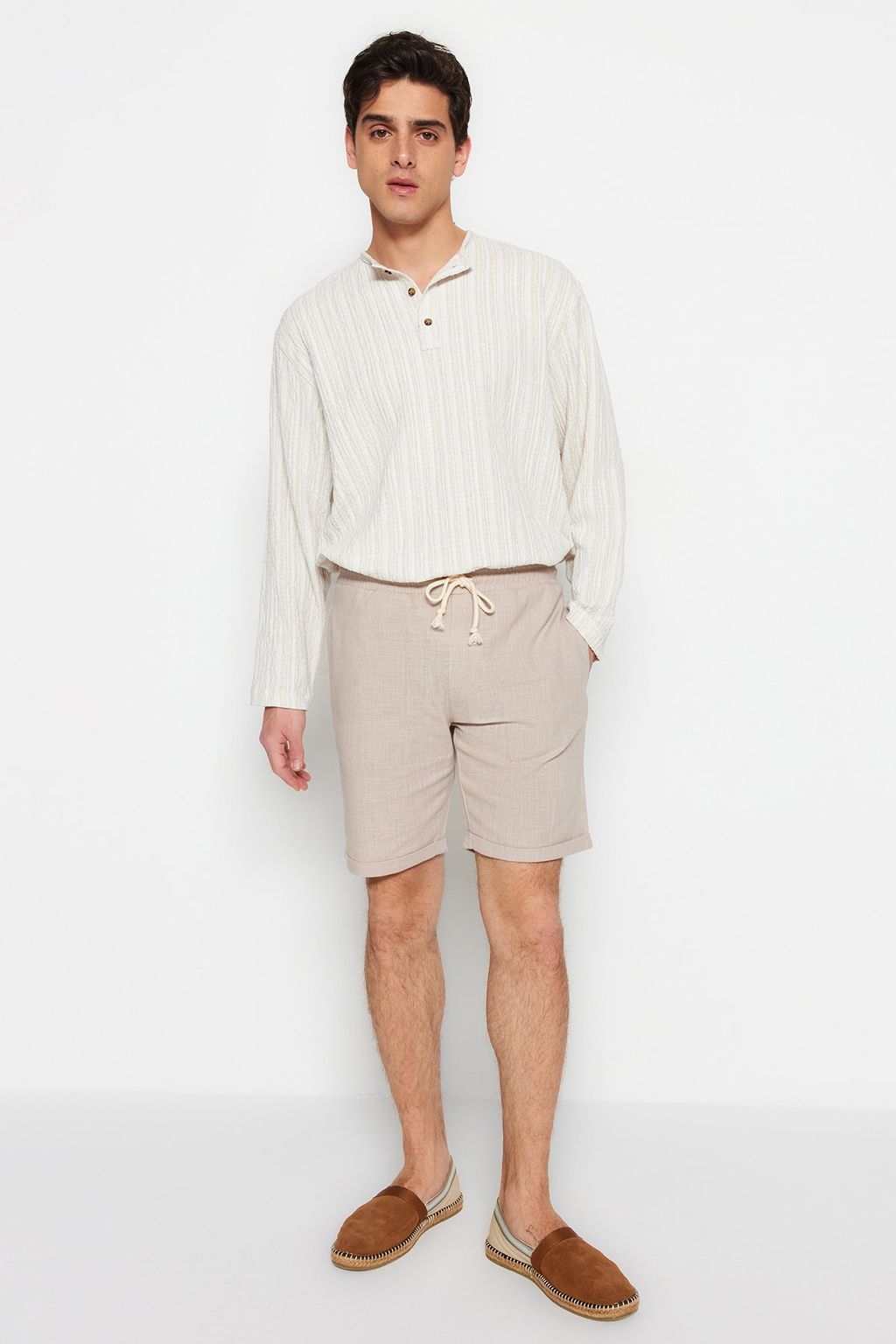 TRENDYOL MAN Ekru Regular Fit Keten Gorunumlu Sort TMNSS23SR00030 - Trendyolmilla фото 11