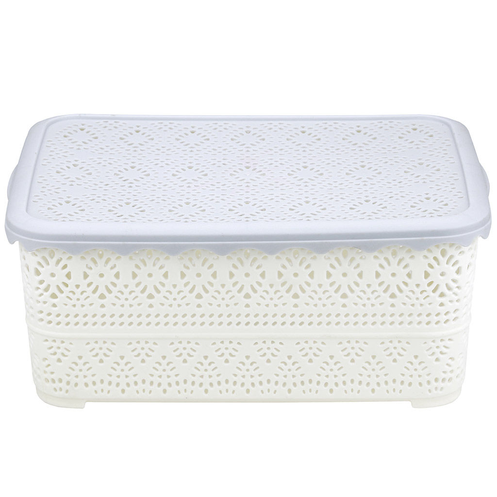 Домашняя мода Корзина пластмассовая для хранения Вышивка 26,5х19см h11,1см, матовый пластик, с серой крышкой, с ручками, ванильный (Китай)  фото 3