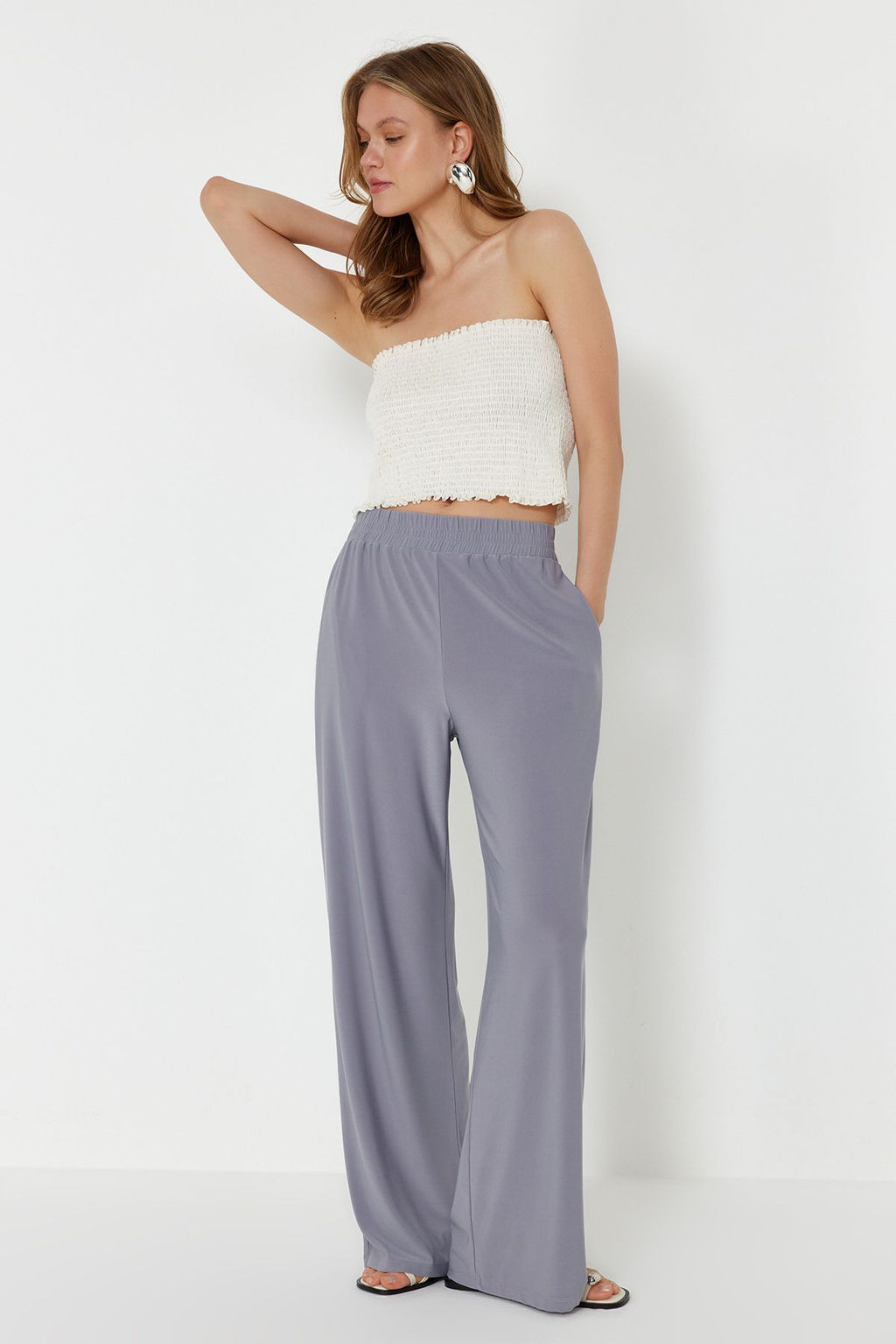 TRENDYOLMILLA Siyah Wide Leg/Rahat Kesim Yuksek Bel Esnek Orme Pantolon TWOSS23PL00129  фото 34