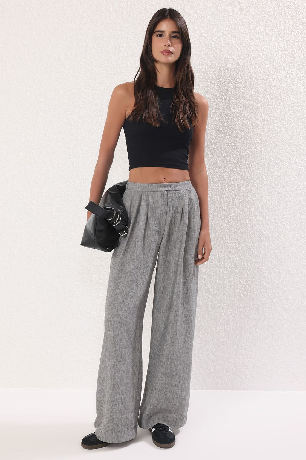 Gri Wide Leg/Genis Paca Dokuma Pantolon TWOSS25PL00107 Palazzo