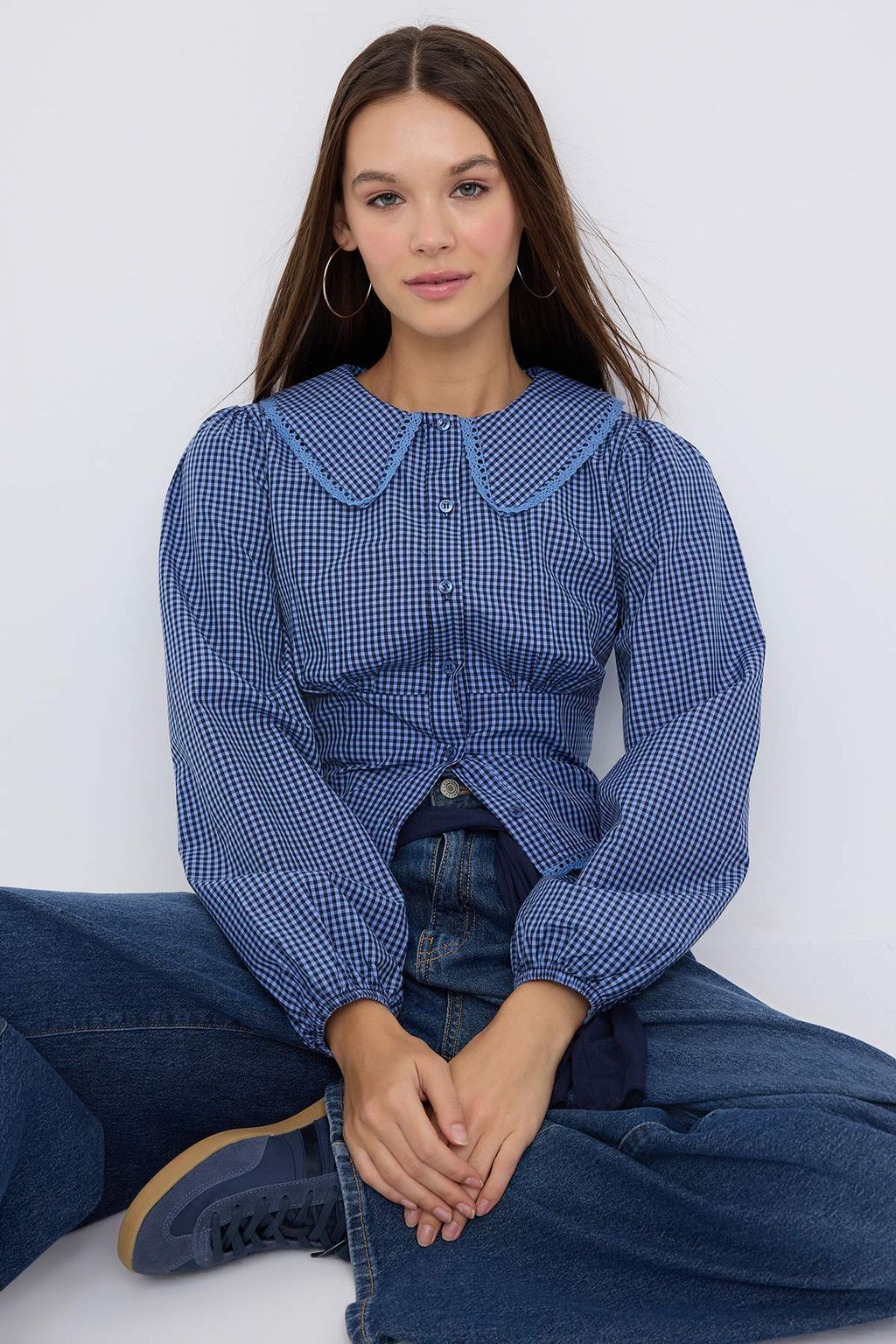 Teen Bebe Yaka Detayl? Kareli Bele Oturan Mavi Gomlek TWOAW26GO00059 - Trendyolmilla фото 5