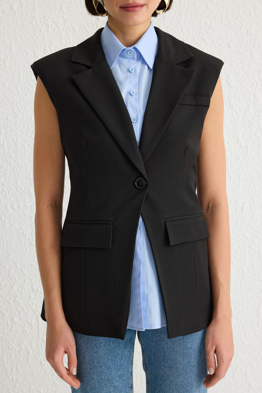 Trendyolmilla Siyah Gomlek Gorunumlu Fitted Dokuma Yelek TWOSS25YE00011  фото 4