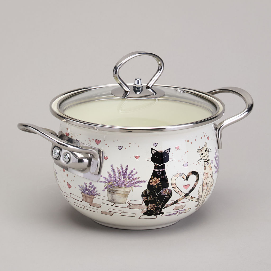 КАСТРЮЛЯ AGNESS ЭМАЛИРОВАННАЯ СО СТЕКЛЯННОЙ КРЫШКОЙ СЕРИЯ LAVANDER CATS, 1,5 Л ДИА. 16СМ фото 3
