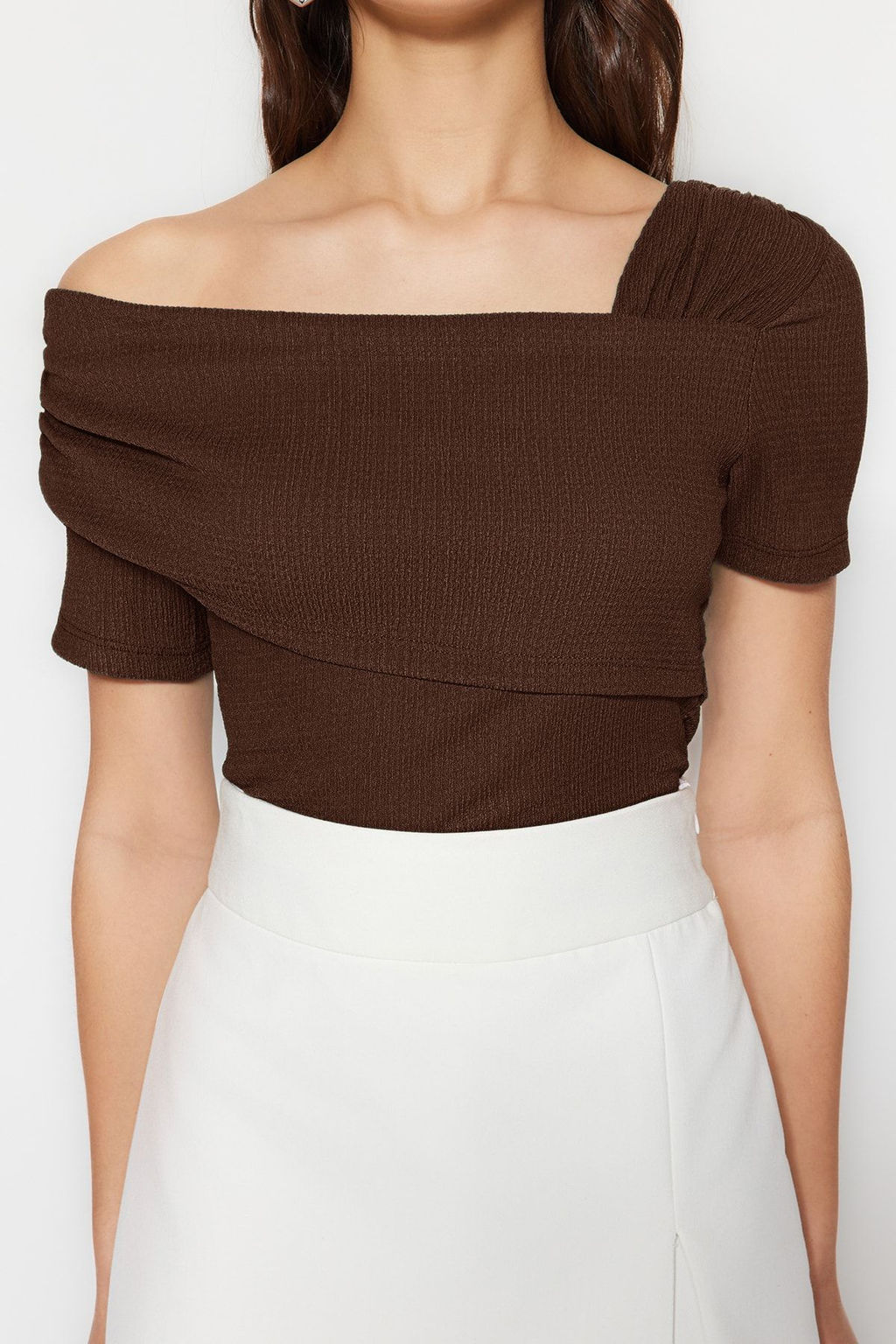 TRENDYOLMILLA Siyah Asimetrik Yakal? Fitted/Vucuda Oturan C?tc?tl? Orme Body TWOSS23BD00060 фото 5