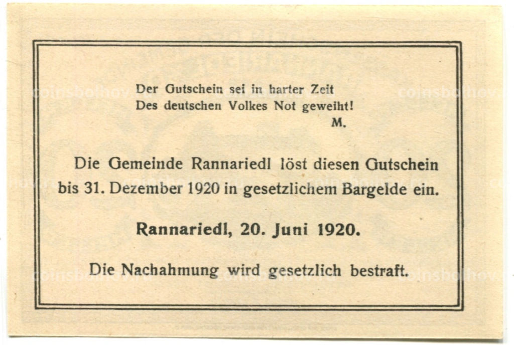 Банкнота 20 геллеров 1920 года Австрия Раннариедль (нотгельд)
