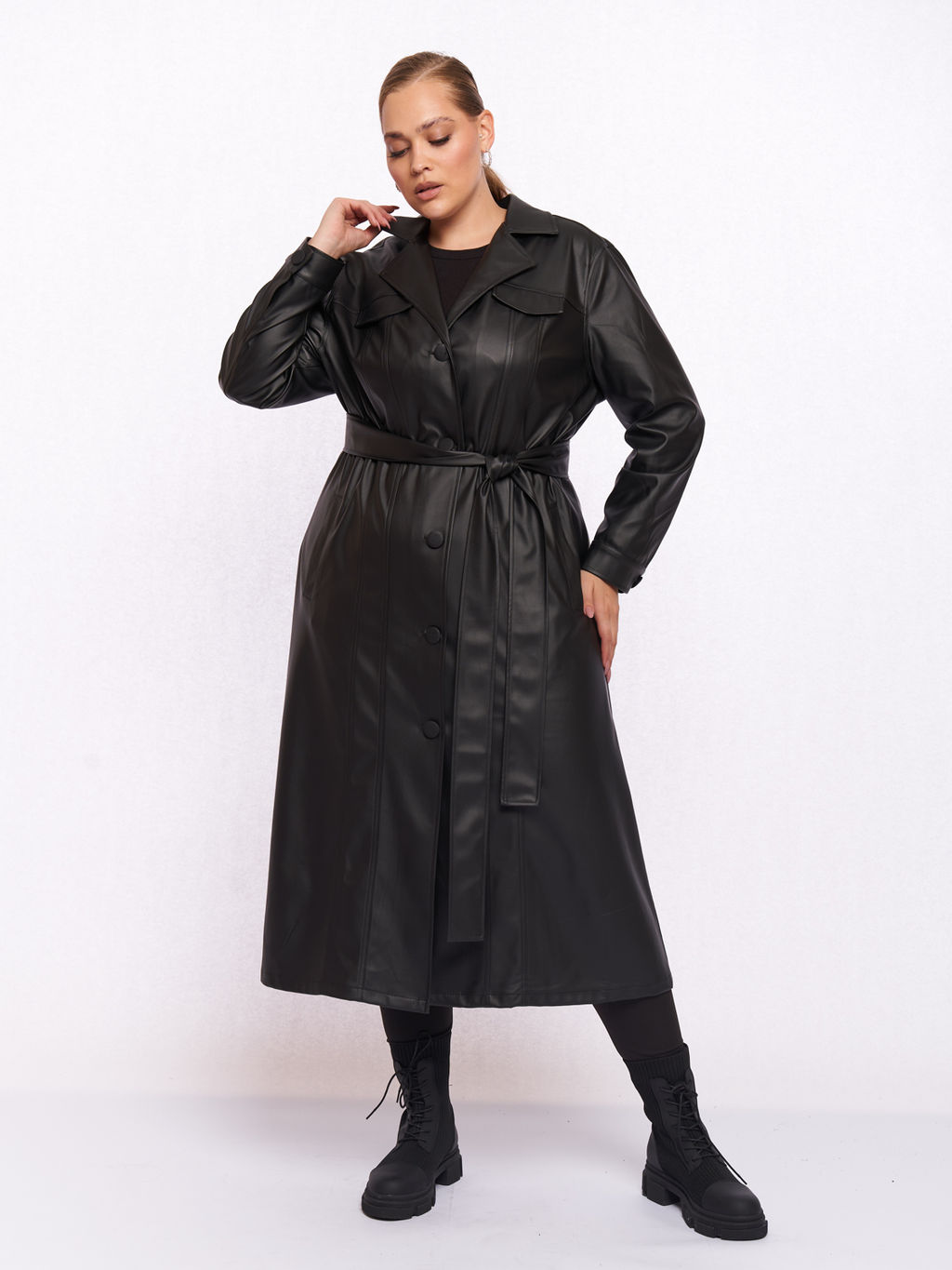 Кожаное пальто PL52109BLK01