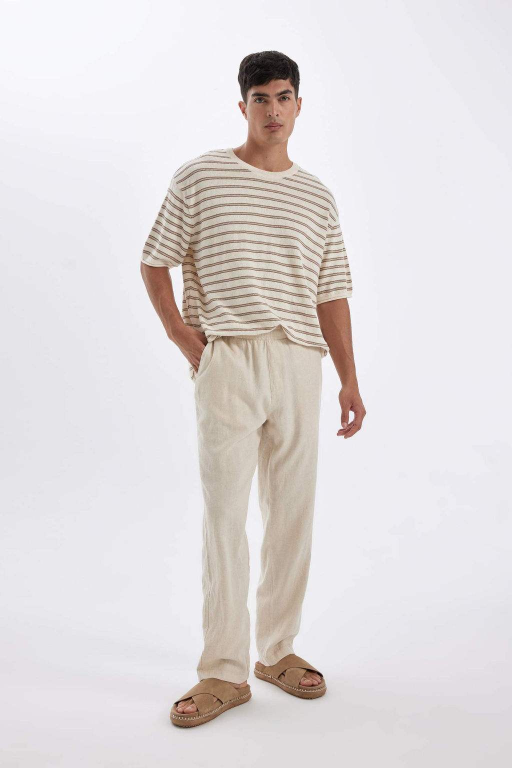 Relax Fit Rahat Kesim Dar Paca Keten Kar?s?ml? Yazl?k Pantolon - Defacto фото 3