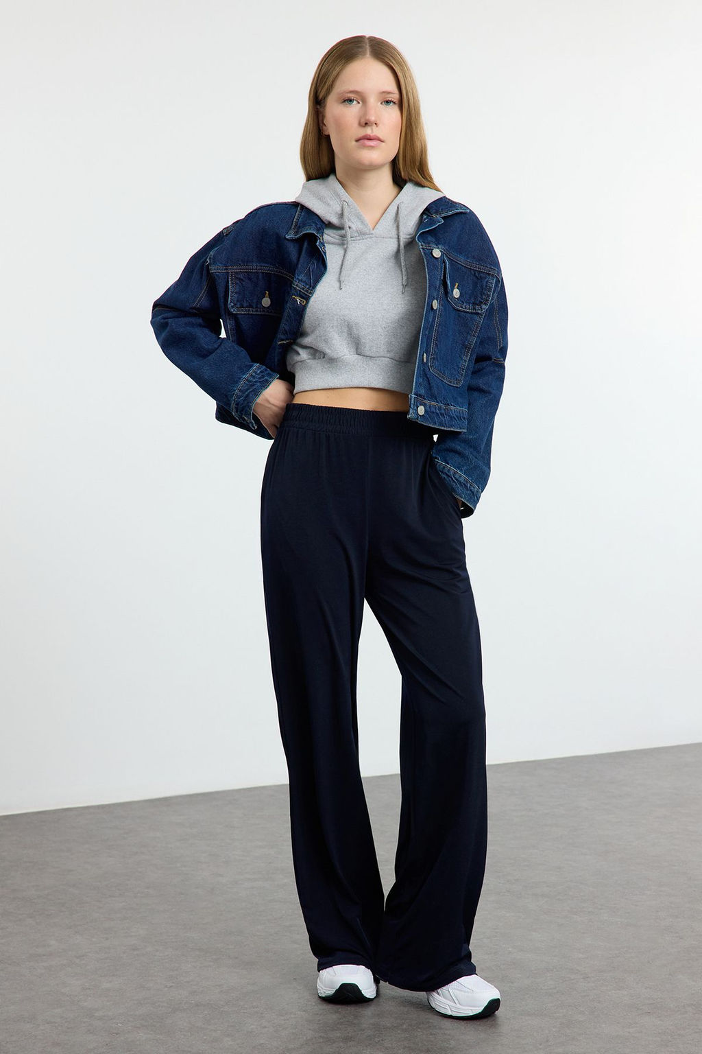 Lacivert Wide Leg/Rahat Kesim Yuksek Bel Esnek Pantolon TWOSS23PL00129