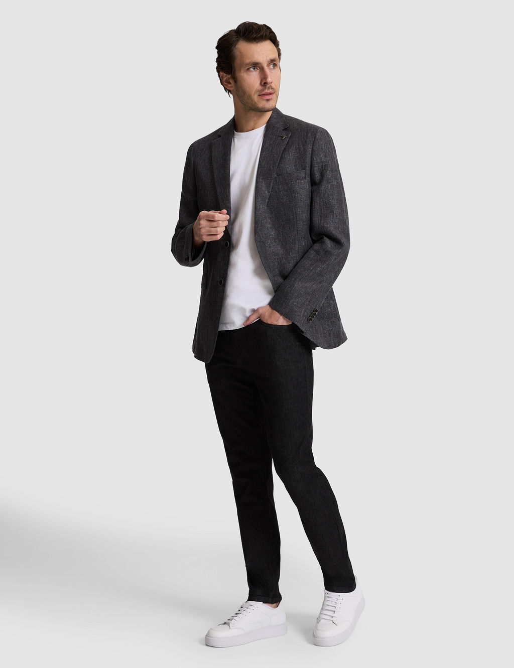 Siyah Slim Fit Keten Kar___ml_ Mikro Desen Mono Yaka Ceket