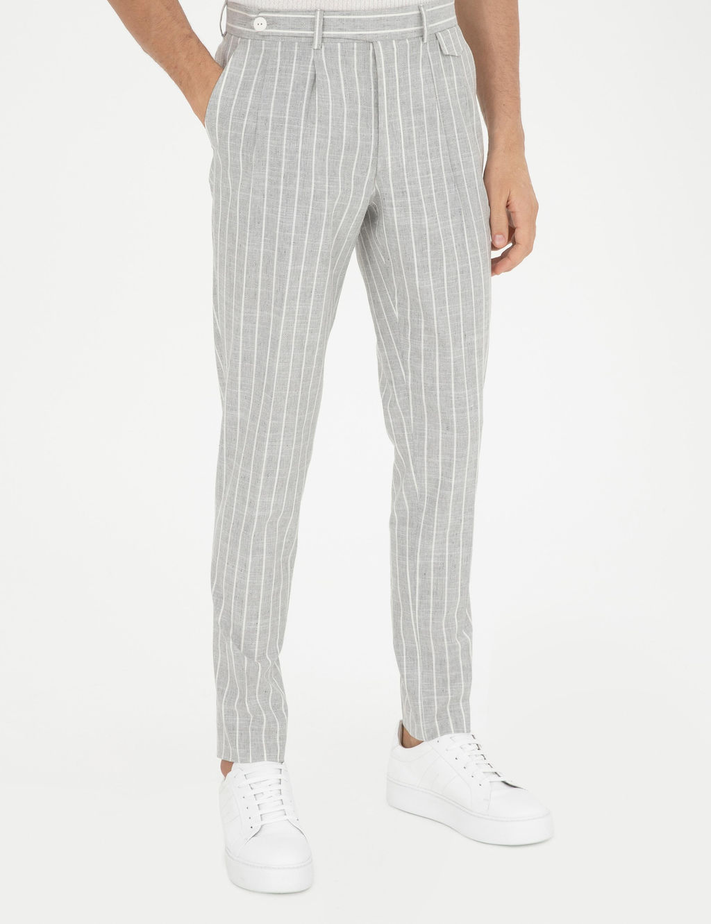 Светло-серые полосатые брюки из смесового льна для папы - Cacharel фото 2
