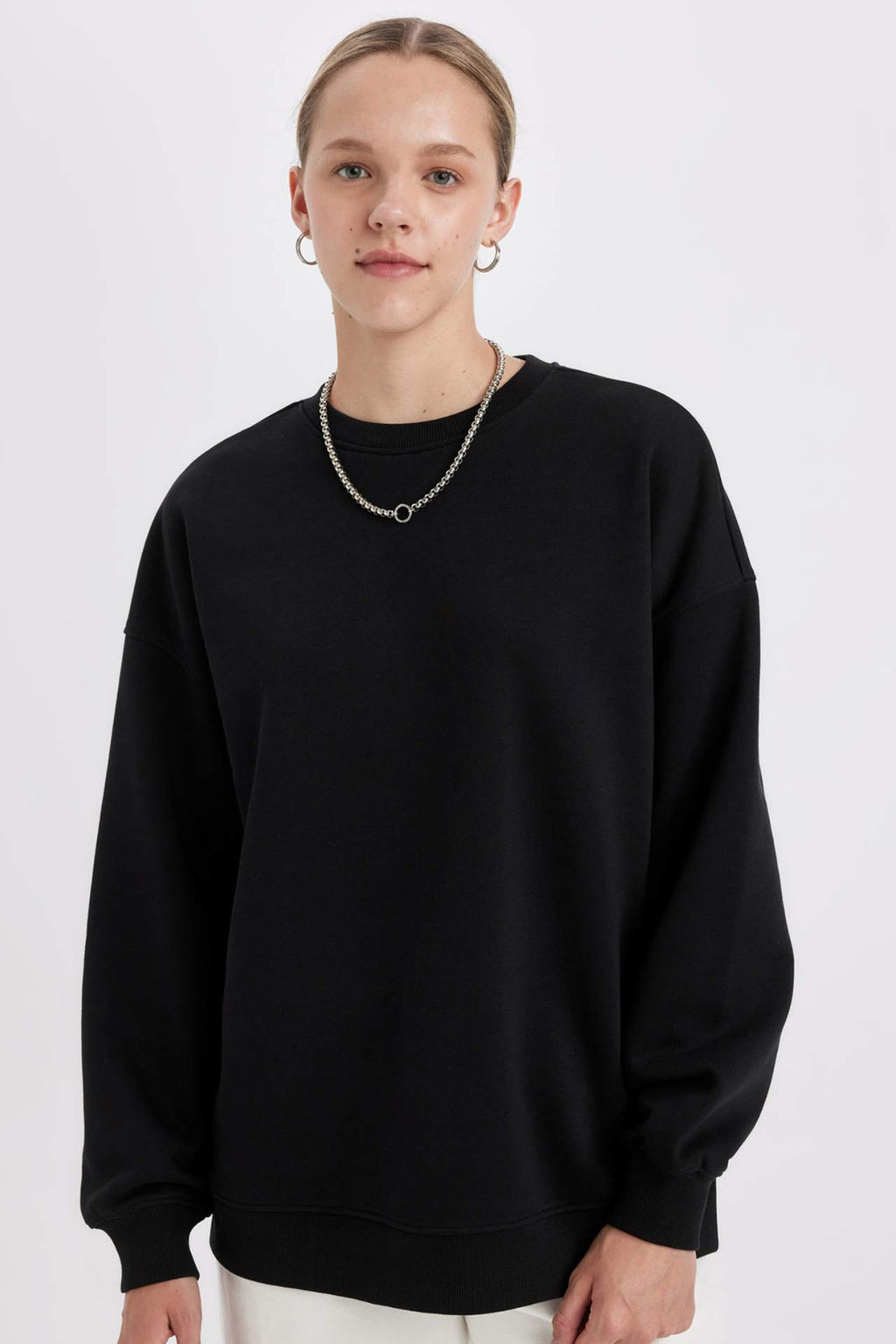 Oversize Genis Kal?p Bisiklet Yaka Kal?n Basic Duz Sweatshirt - Defacto фото 3