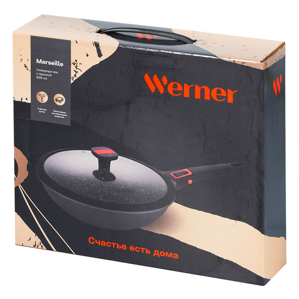 50320 WERNER Сковорода-вок Marseille 28,0х8,0 см из литого алюминия с трехслойным антипригарным мраморным покрытием Pfluon Marble, cо съемной бакелитовой ручкой, для всех видов плит, включая индукционные. Толщина дна: 4,5 мм, толщина стенок: 2,0 мм.  фото 8