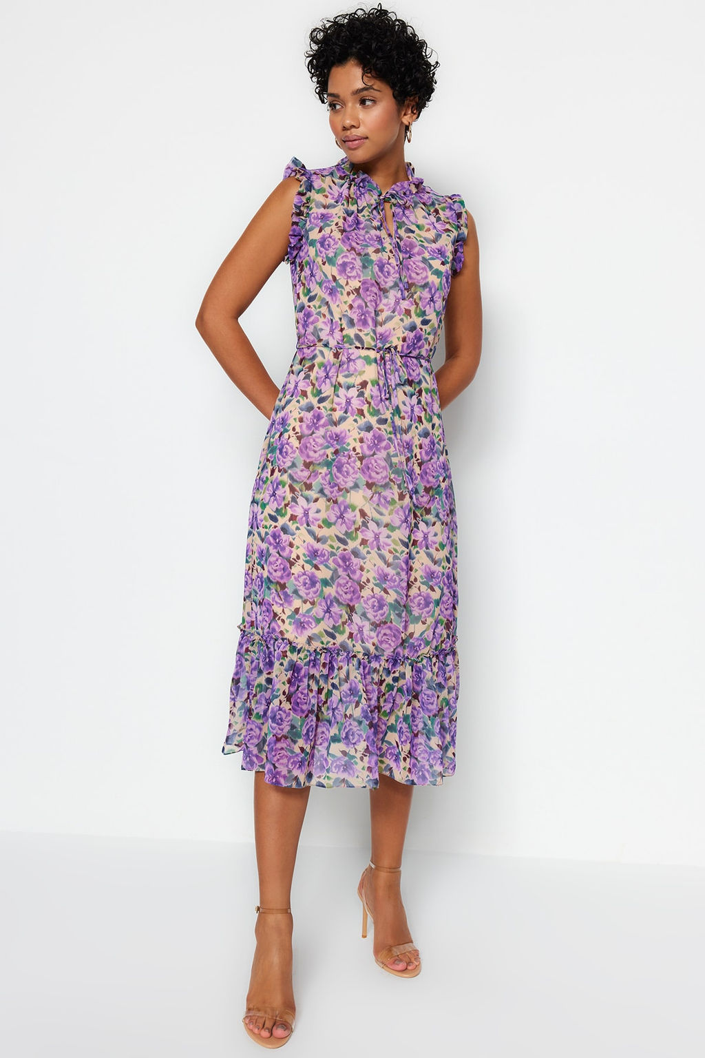 Cok Renkli Cicek Desenli A-Kesim Midi Astarl? Sifon Dokuma Elbise TWOSS23EL01840