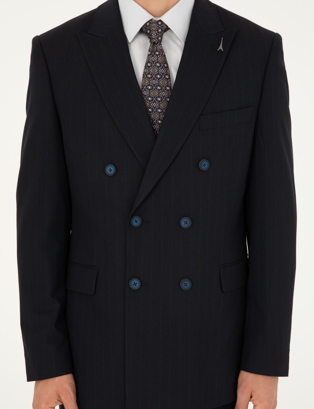 Темно-синий двубортный костюм приталенного кроя в полоску - Cacharel фото 6