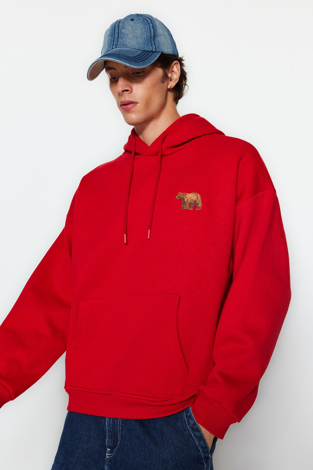TRENDYOL MAN Gri Oversize/Genis Kesim Kapusonlu Hayvan Nak?sl? Ici Polarl? Sweatshirt TMNAW24SW00097 - Trendyolmilla фото 8