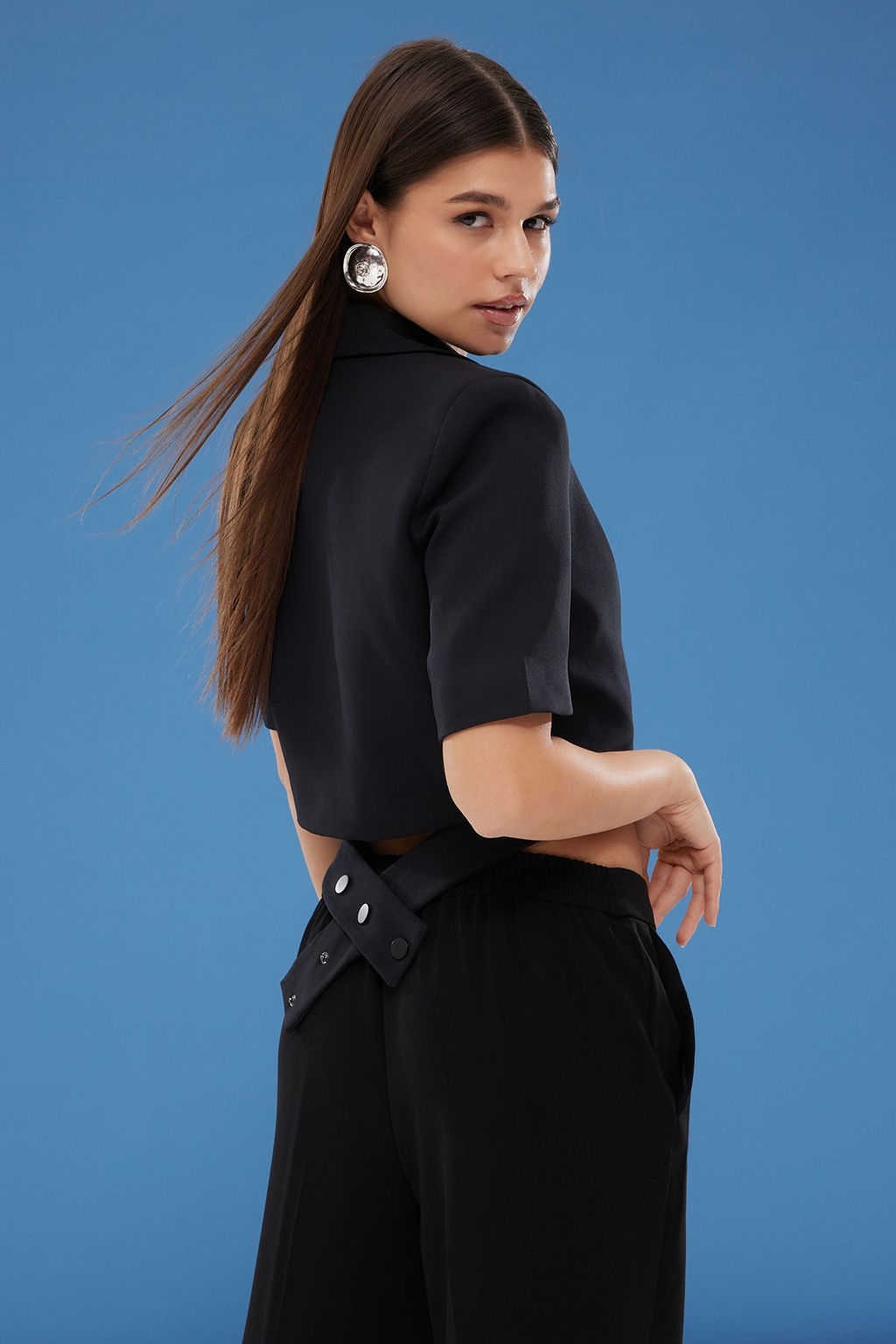 Trendyolmilla Siyah Kruvaze Crop Dokuma Blazer Ceket TWOSS25BC00016  фото 5