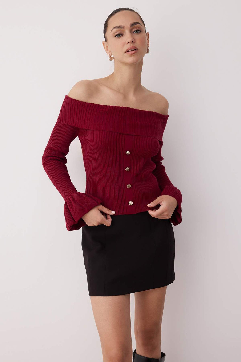 Bordo Fitted/Vucuda Oturan Carmen Yaka Fitilli Triko Kazak TWOAW26KZ00010