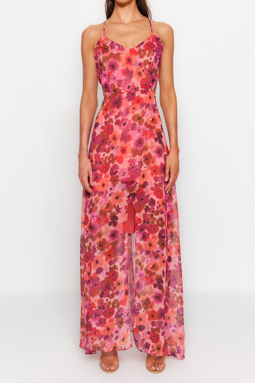 TRENDYOLMILLA Cok Renkli A Kesim Astarl? Pencere/Cut Out Detayl? Cicek Desenli Maxi Dokuma Elbise TWOSS20EL1270  фото 17