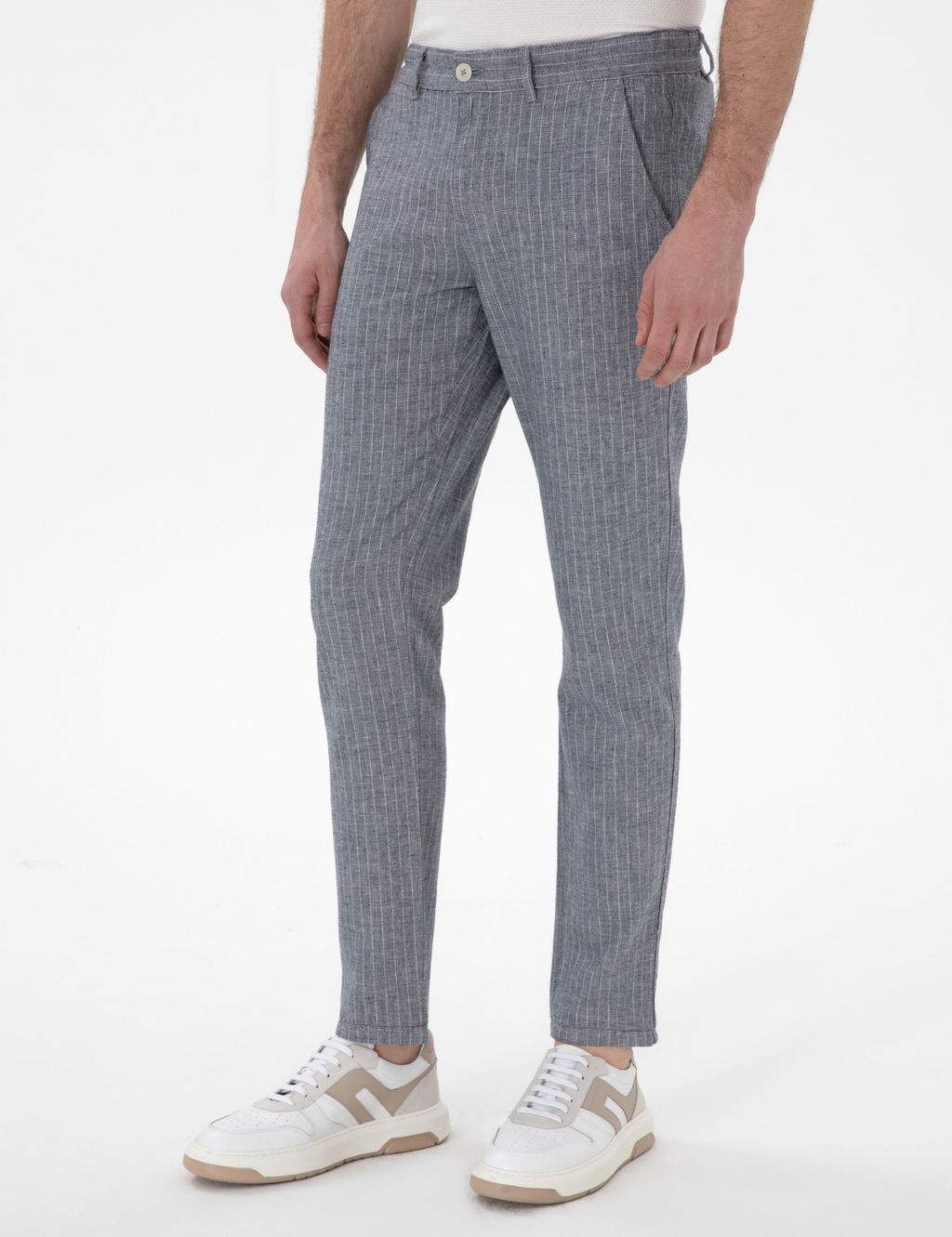 Lacivert Slim Fit Keten Kar___ml_ _izgili Kanvas Pantolon