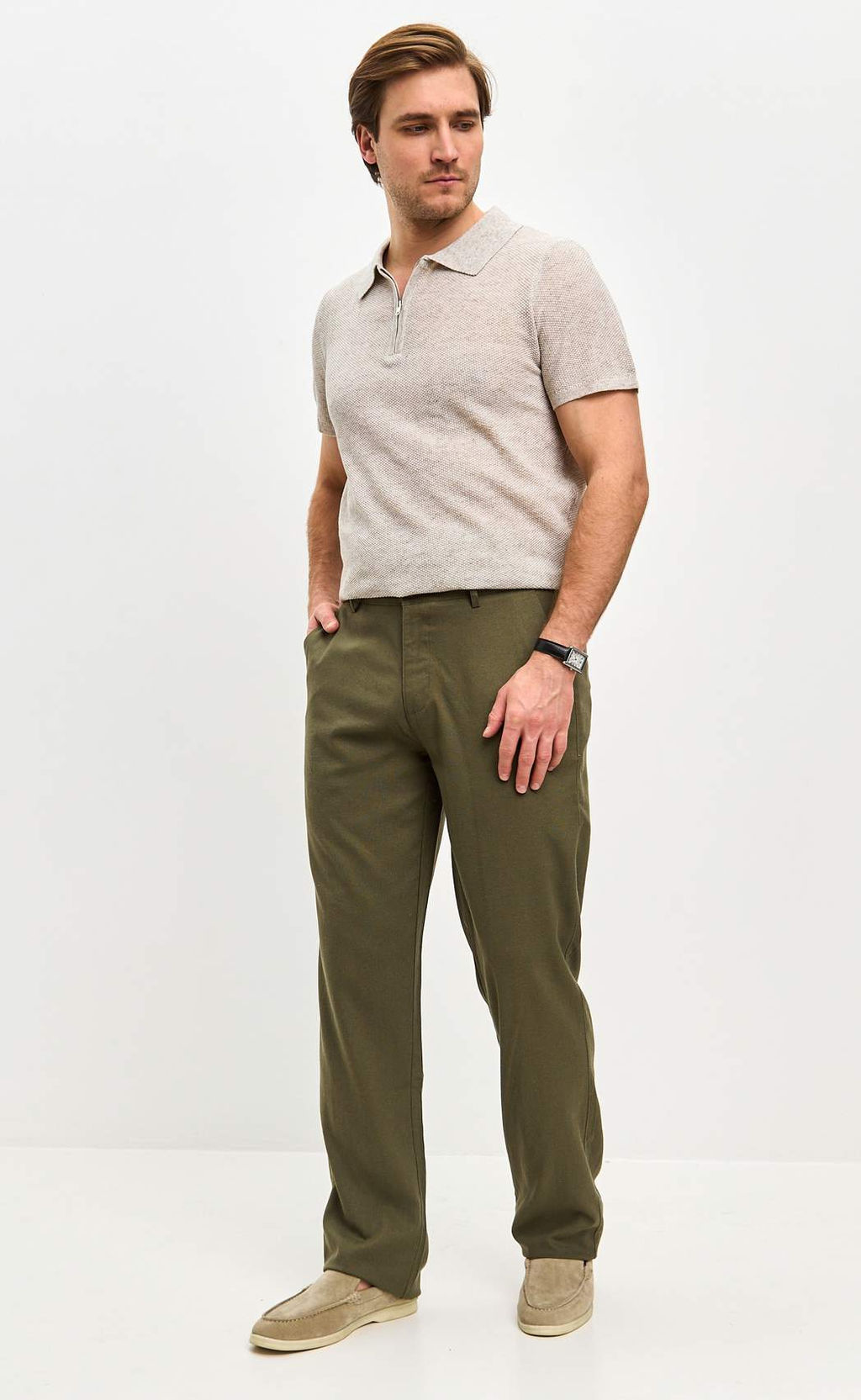 Брюки лен P511-0852 khaki