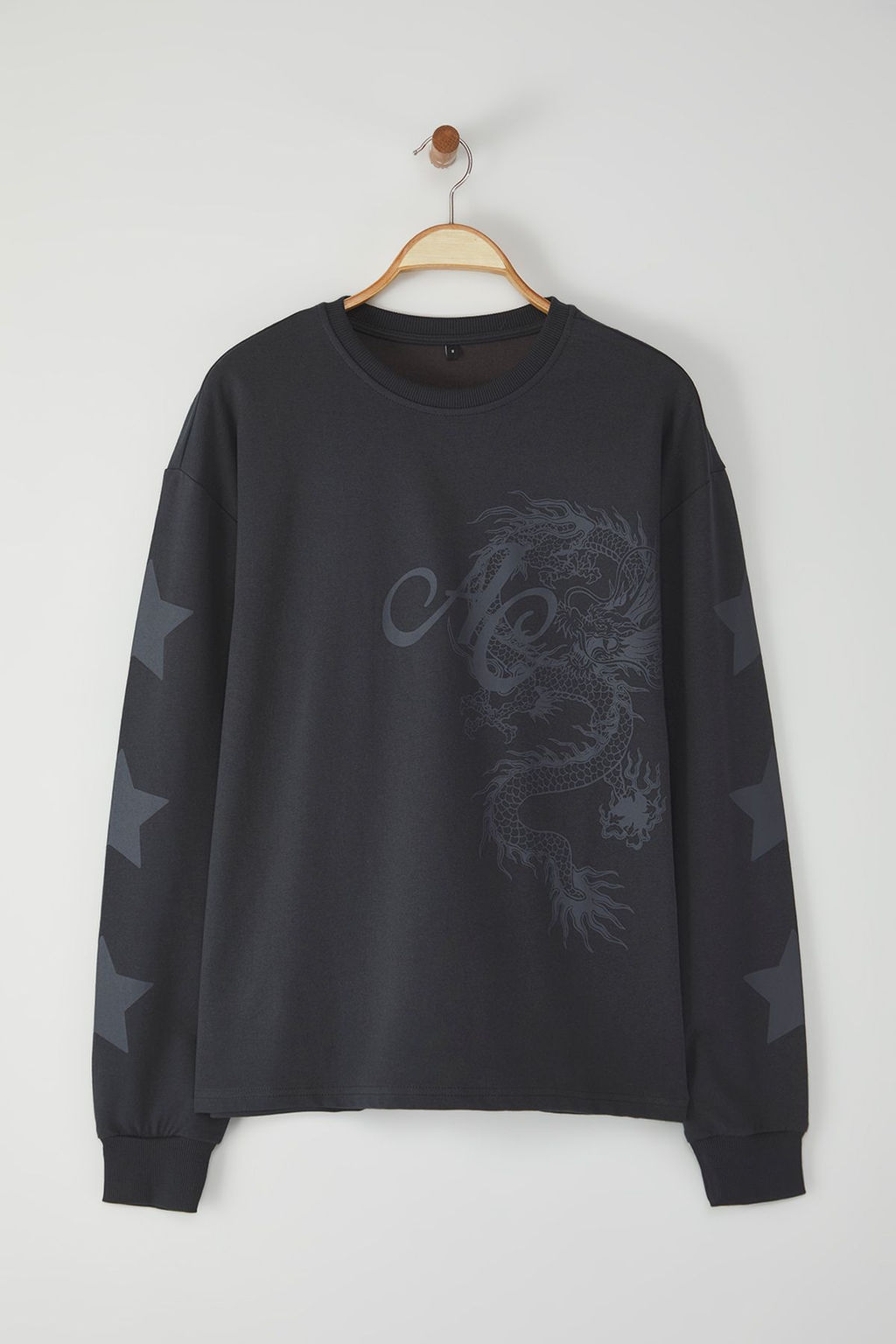 TRENDYOL MAN Antrasit Oversize/Genis Kesim Bisiklet Yaka Ejderha Bask?l? Sweatshirt TMNSS25SW00007