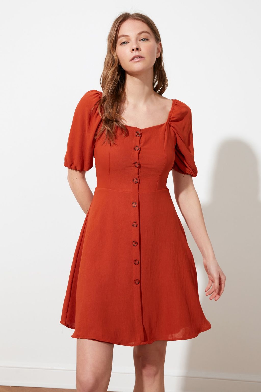 TRENDYOLMILLA Kiremit A Kesim Balon Kollu Mini Dokuma Elbise TWOSS20EL2314  фото 8