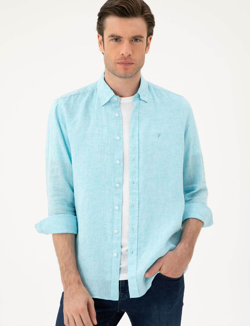 Turkuaz Regular Fit %100 Keten G_mlek