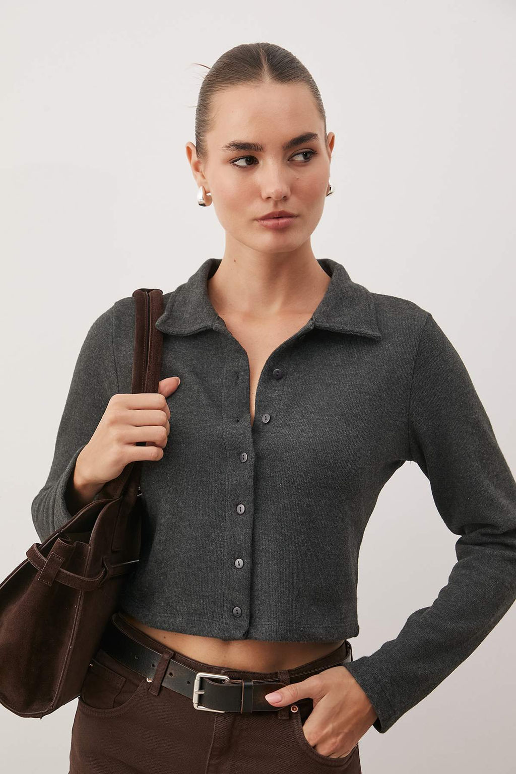 Antrasit Melanj Dugmeli Polo Yaka Crop Esnek Orme Bluz TWOAW26BZ00272