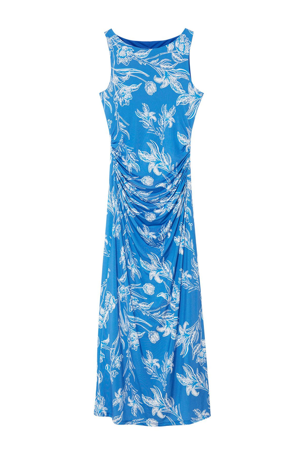 Mavi Cicekli Bask?l? Parlak Yuzeyli Kay?k Kaya Vucuda Oturan Esnek Orme Kalem Elbise TWOSS24EL00528