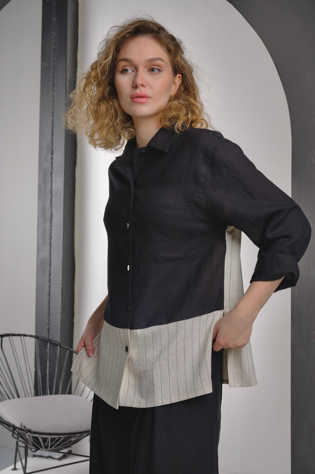 70% ЛЁН+30% ВИСКОЗА стильная комбинированная рубашка