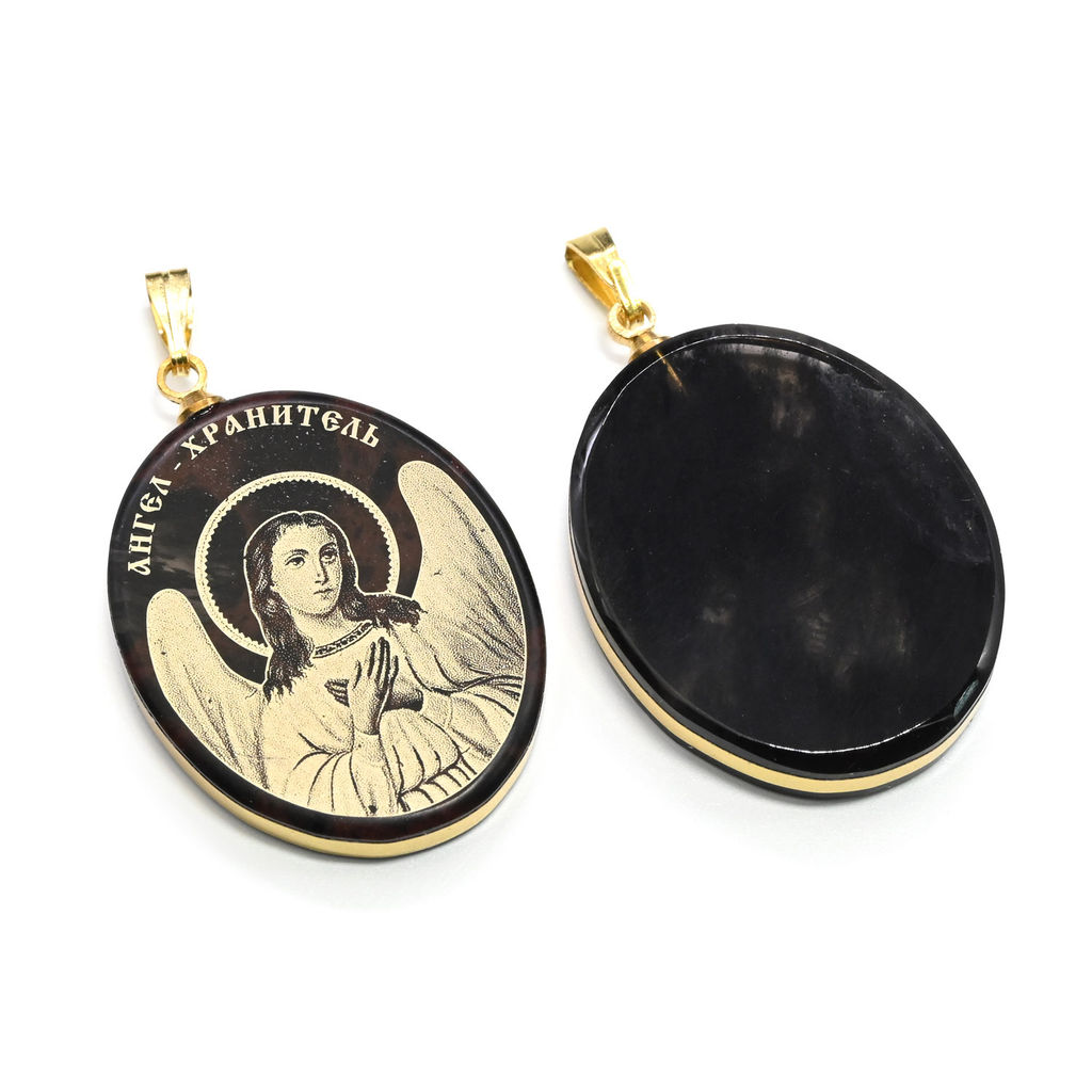 Кулон из обсидиана овал с окантовкой " Ангел-Хранитель" 20*30мм, 10гр.