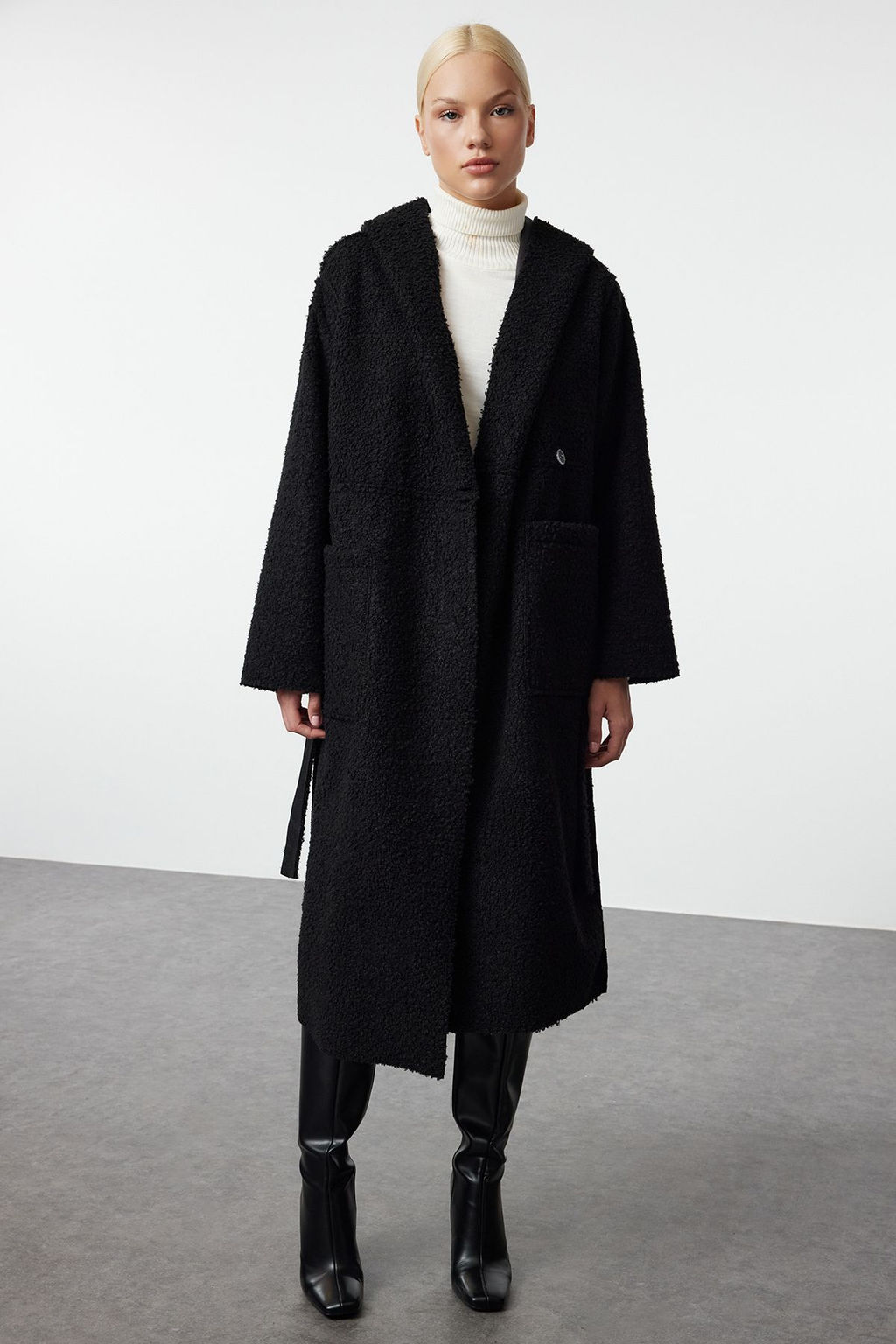 Siyah Cift Tarafl? Oversize Uzun Kaban TWOAW25KB00068 - Trendyolmilla фото 4