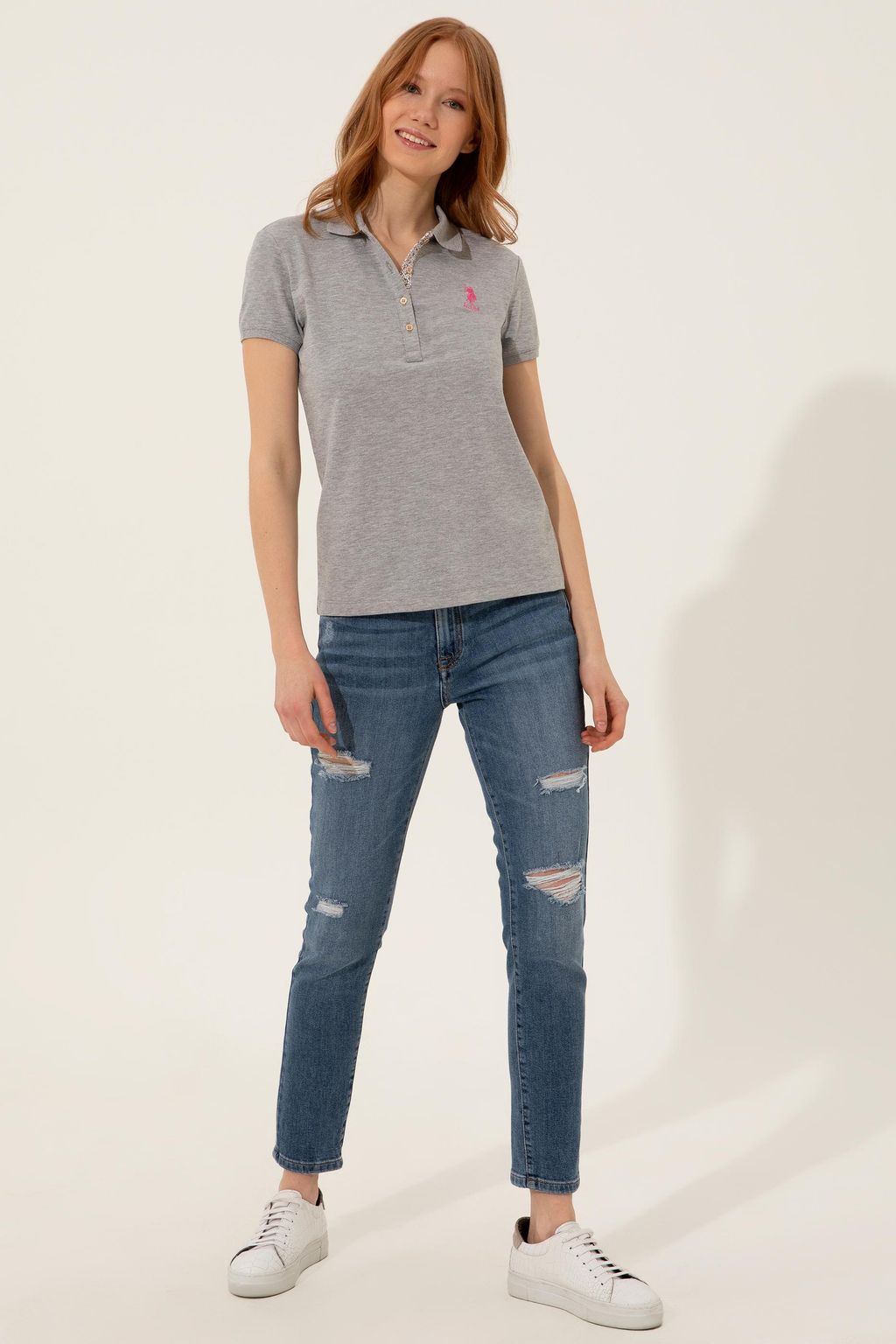 Женская серая меланжевая футболка с воротником поло Basic - U.s. polo assn фото 4