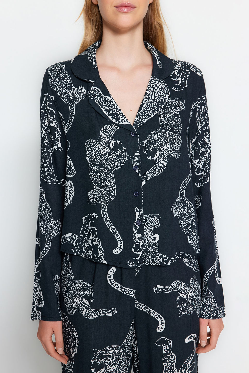 Trendyolmilla Antrasit Kaplan Desenli Viskon Dokuma Pijama Tak?m? THMAW24PT00092  фото 13