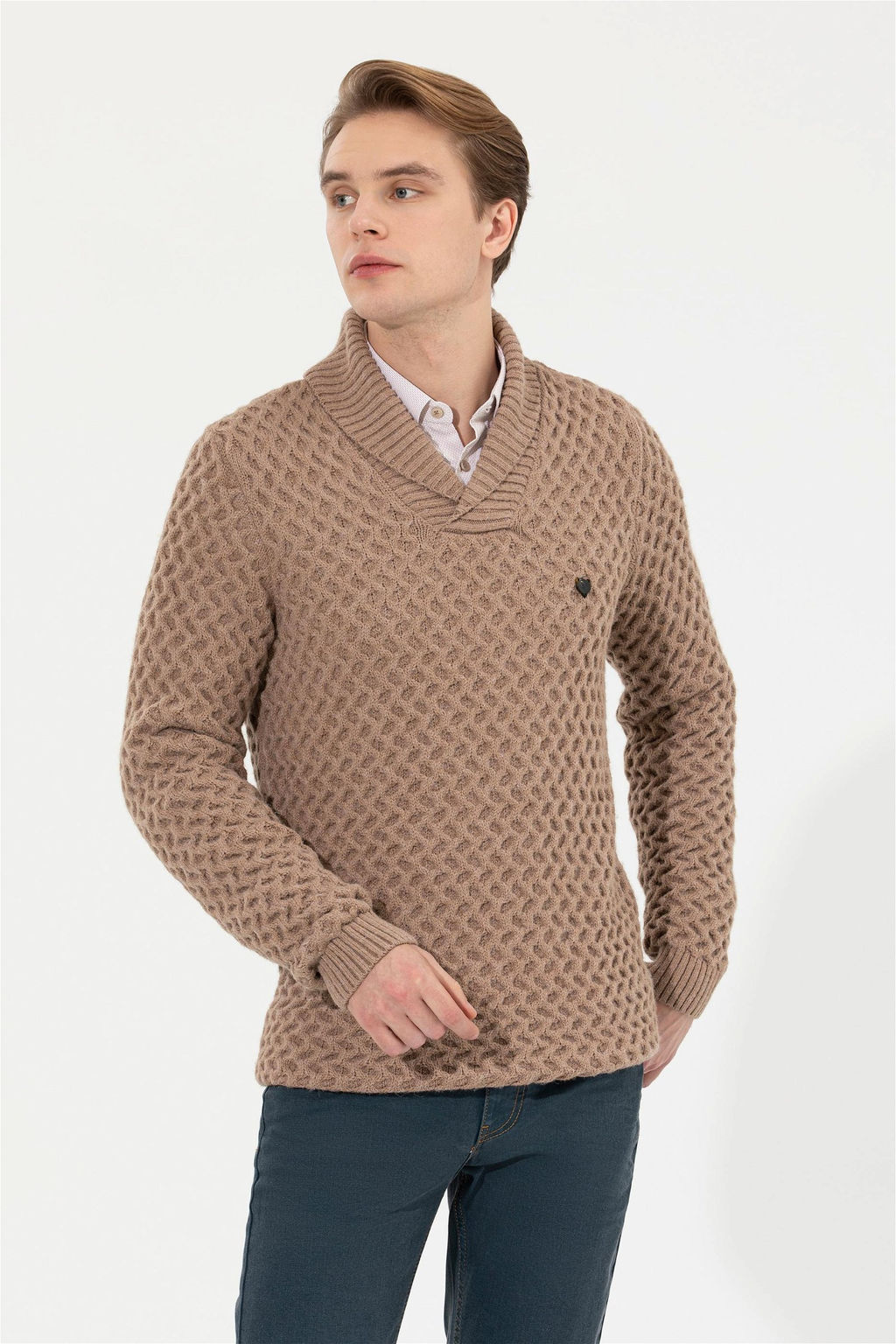 U. S. Polo Assn Мужской светло-коричневый меланжевый трикотаж с шалевым воротником - U.s. polo assn фото 9