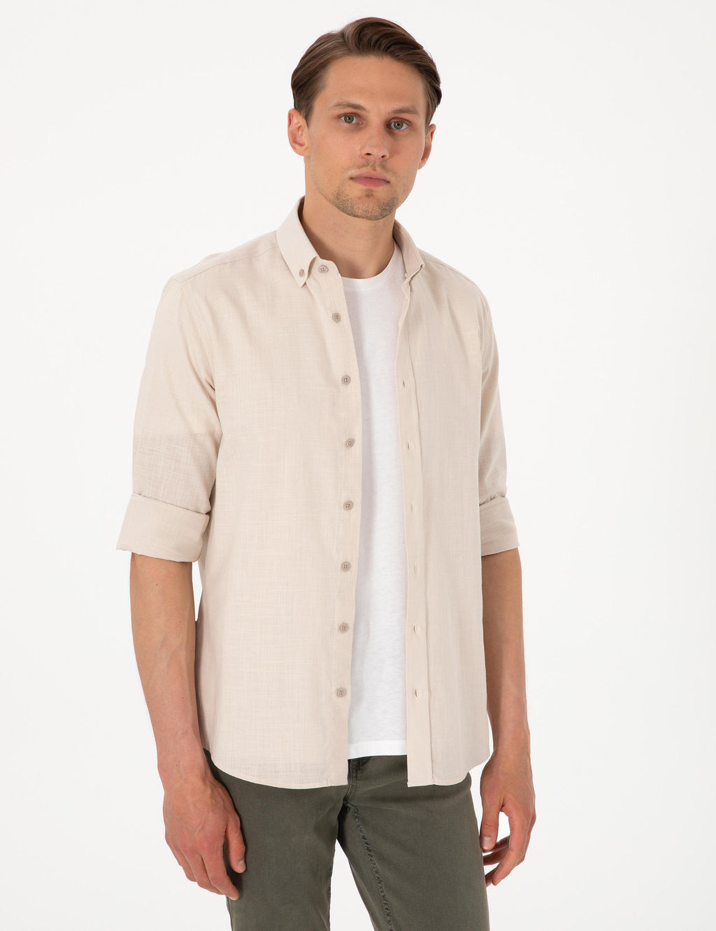 Bej Keten G_r_n_ml_ Slim Fit Uzun Kollu G_mlek - Pierre cardin фото 3