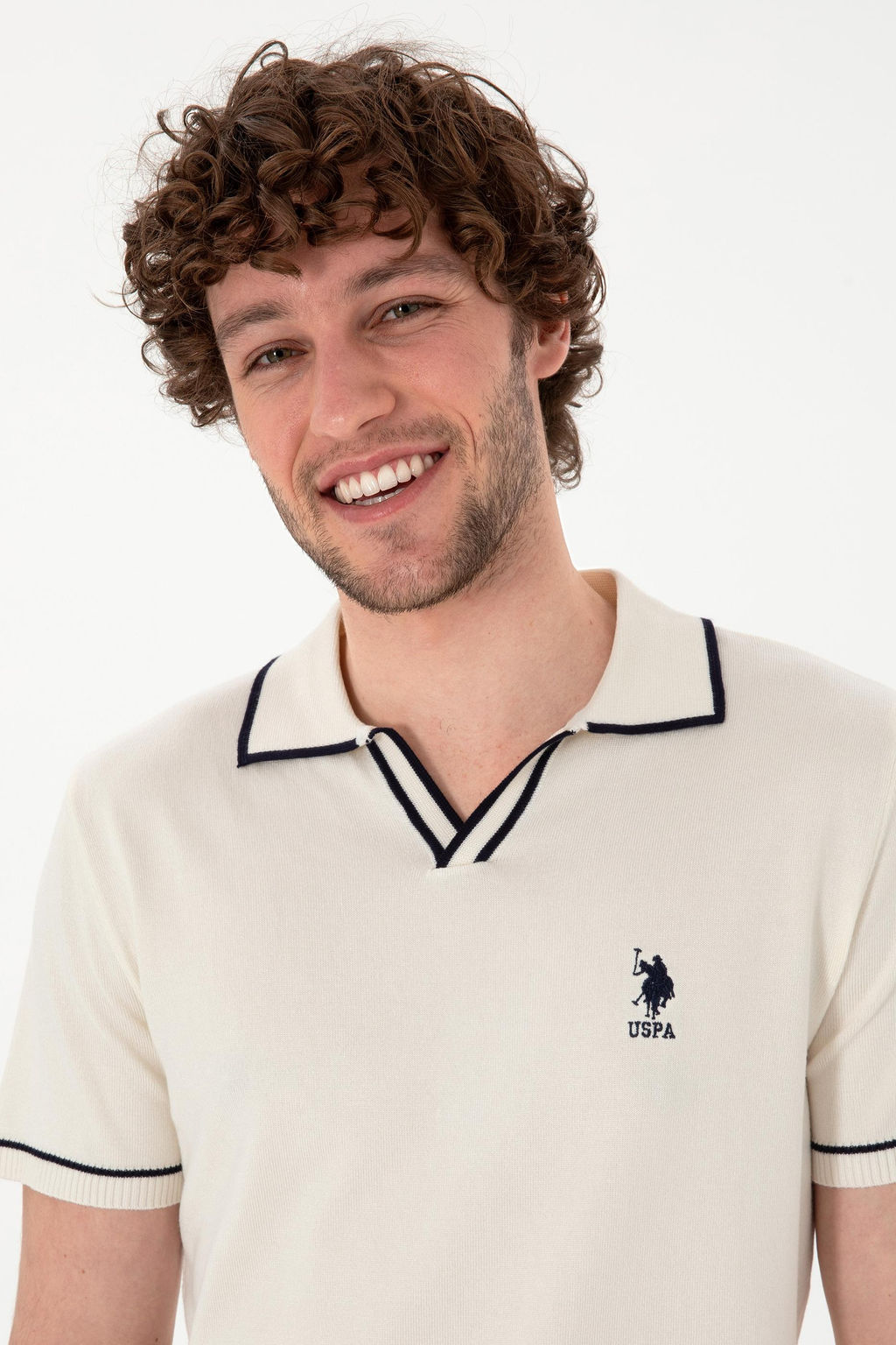Erkek Slim Fit Polo Yaka Krem Triko Ti__rt