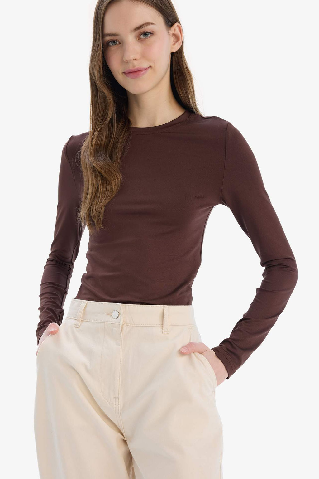 Fitted Vucuda Oturan Bisiklet Yaka Basic Duz Uzun Kollu Tisort - Defacto фото 2