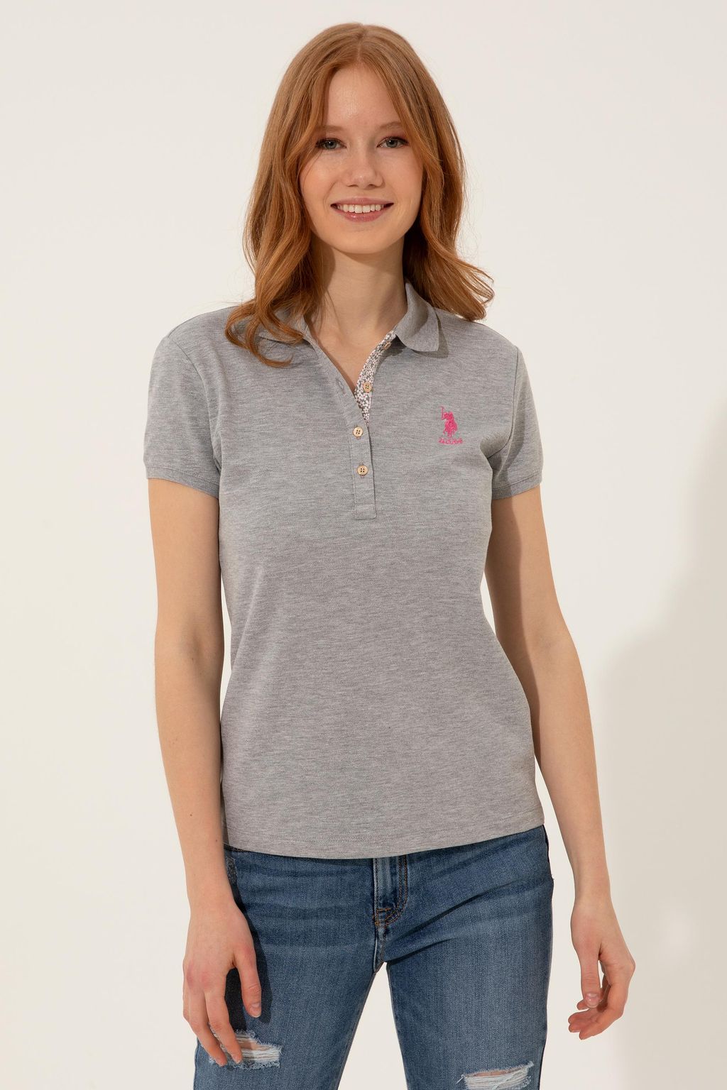 Женская серая меланжевая футболка с воротником поло Basic - U.s. polo assn фото 2