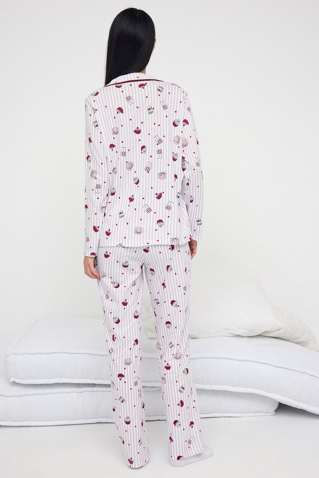 Lila-Cok Renkli %100 Pamuklu Kalpli Eglence Desenli Biyeli Orme Pijama Tak?m? THMAW26PT00039