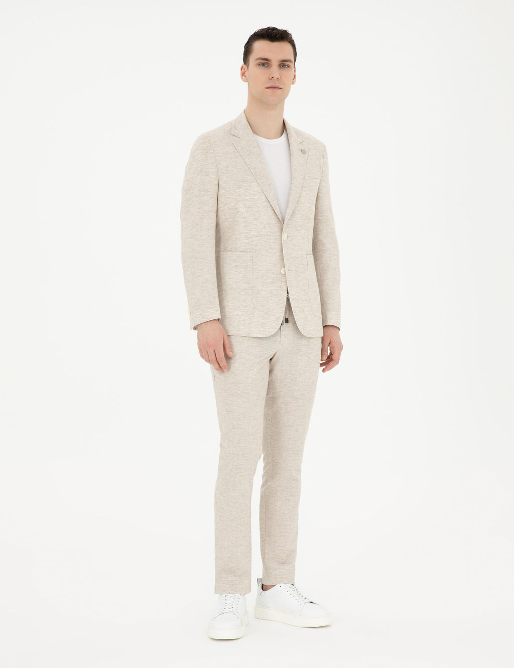 Bej Slim Fit Keten Kar___ml_ _izgili Tak_m Elbise
