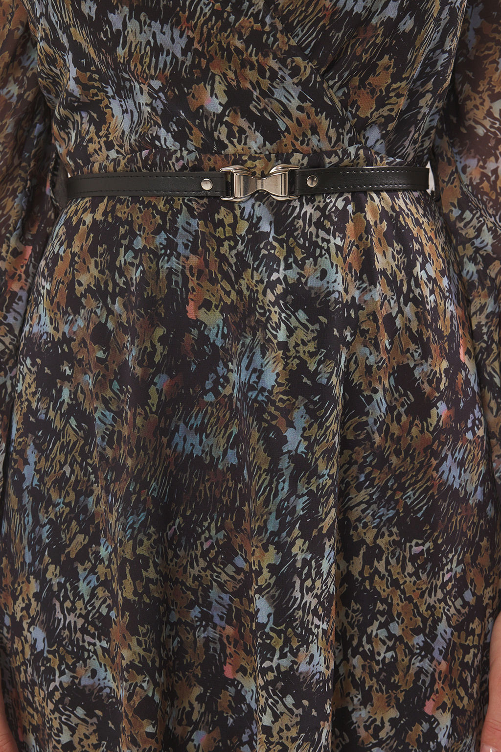 Yesil Kemerli A Kesim Kruvaze Yaka Boho Desenli Sifon Midi Dokuma Elbise TWOAW24EL00660