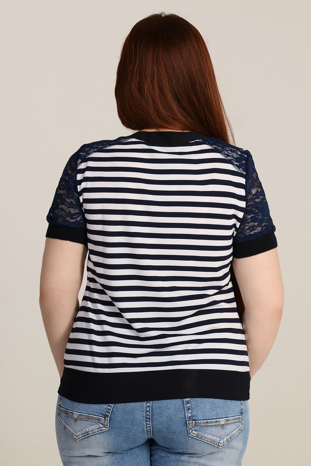 Футболка летняя женская в полоску с синим кружевом - Almond фото 2