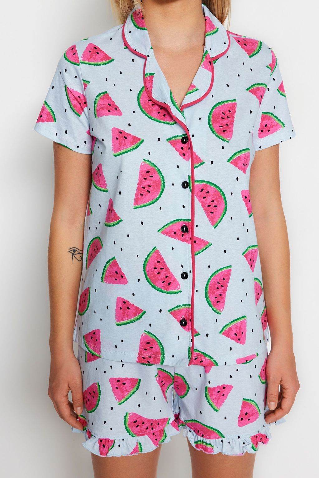 Trendyolmilla Pembe %100 Pamuklu Karpuz Desenli F?rf?rl? Sortlu Orme Pijama Tak?m? THMSS21PT0670 фото 4