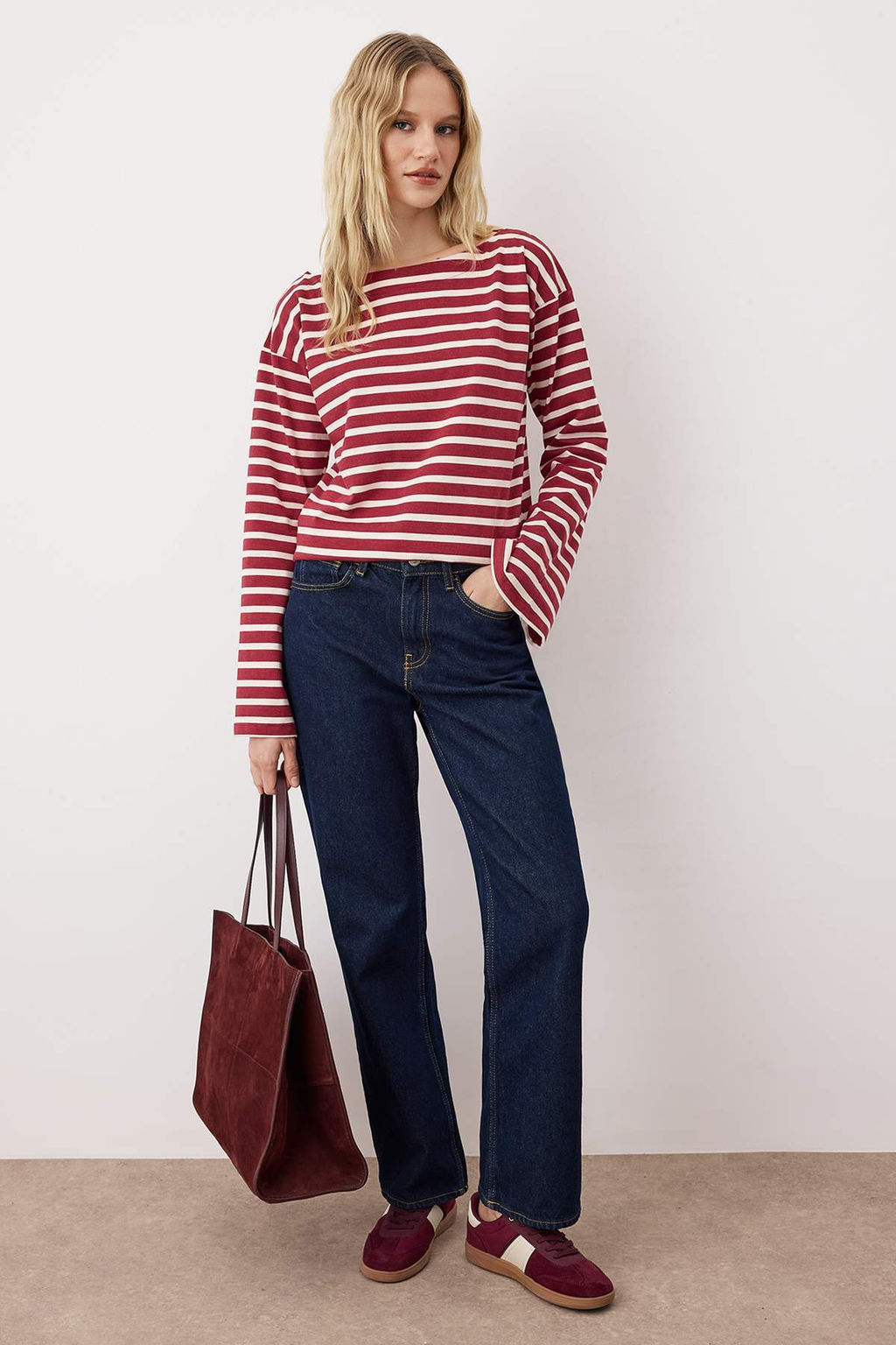 Bordo Kal?n Pamuklu Cizgili Regular/Normal Kal?p OrmeT-Shirt TWOAW26TS00001