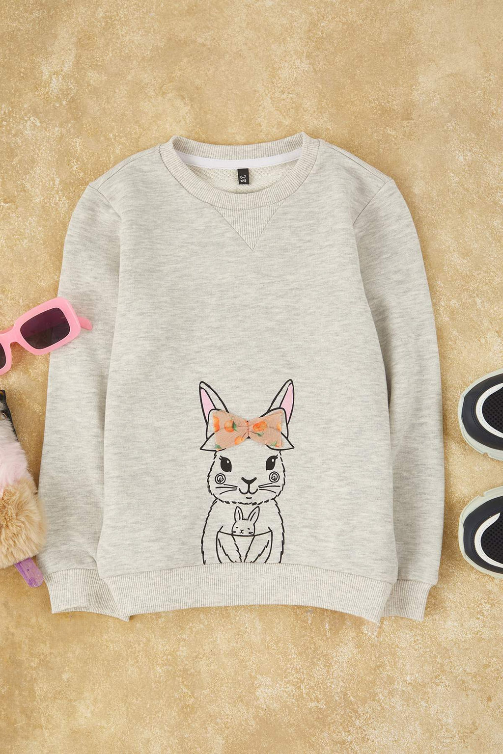 Kar Melanj K?z Cocuk Animal Bask?l? Bisiklet Yaka Regular Orme Sweatshirt TKDAW26SW00050