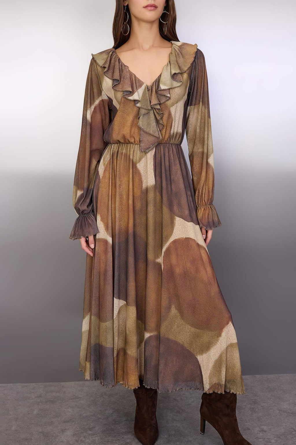 Cok Renkli Bask?l? Kopuk F?rf?r Detayl? Maxi Esnek Orme Elbise TWOAW26EL00249 - Trendyolmilla фото 3